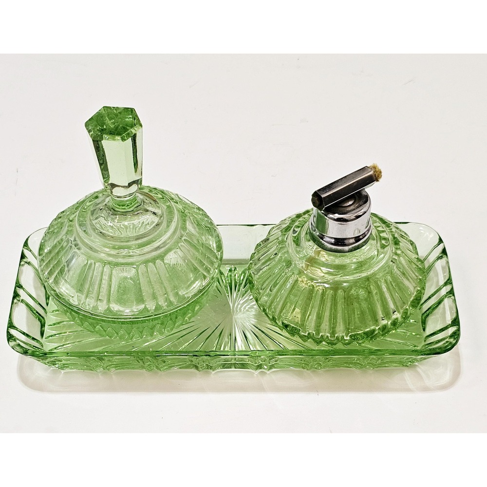 Vintage Green Glass Art Deco Vanity Set: Perfume Bottle, Jar, Tray